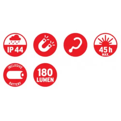 Seks røde ikoner illustrerer LED utendørslampe OLI sine spesifikasjoner som IP44, magnet og 180 lumen lysstyrke.