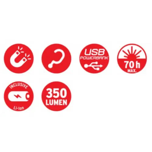 Utendørslampe LED, oversiktsbilde av seks røde ikoner som illustrerer lampens funksjoner og spesifikasjoner.