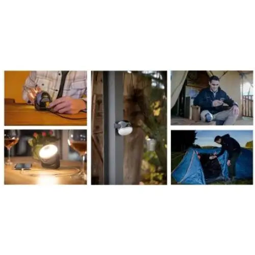 Utendørslampe LED OLI 310 AB med høyttaler, vist i campingmiljø og ulike utendørs brukssituasjoner.