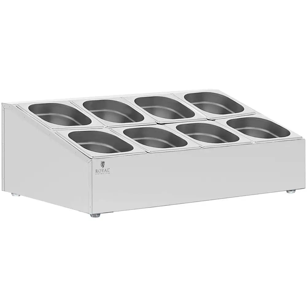 Utstillingsskap for gastronormbeholdere, sidevinkel som viser ti små beholdere med lokk i rustfritt stål.