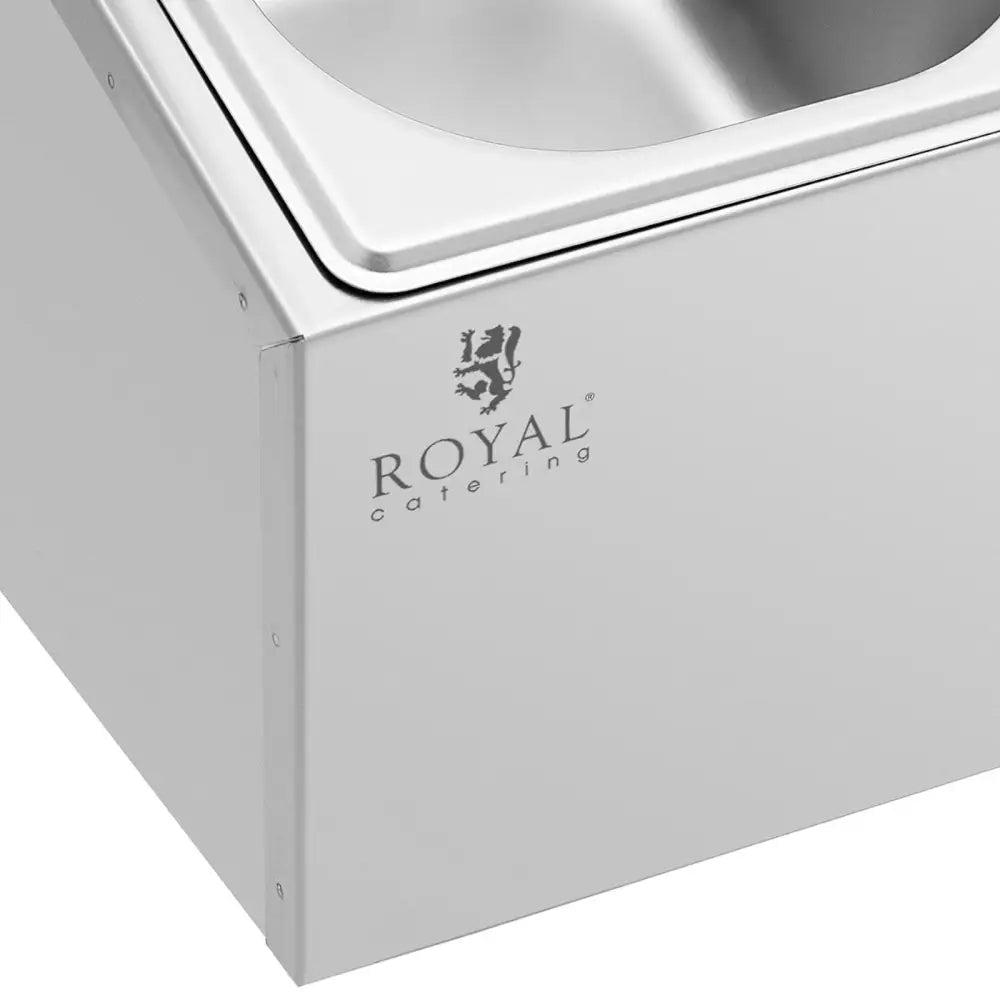 Utstillingsskap for gastronormbeholdere, hjørnedetalj med synlig ROYAL catering-logo på rustfritt stål.