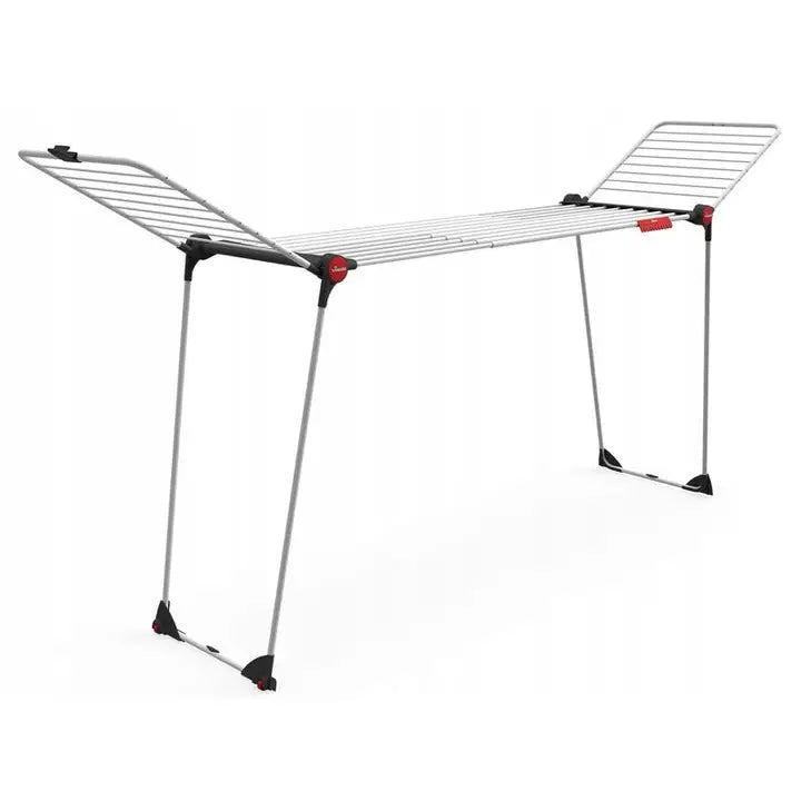 Utstrekkbart tørkestativ Infinity Flex, sølvfarget med sorte og røde detaljer, vist med utslåtte sidearmer.