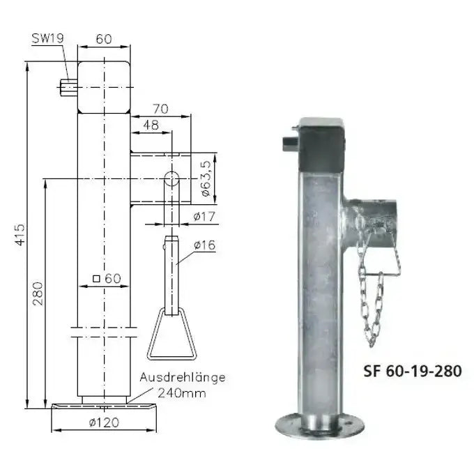 Uttrekkbar støtte til Winterhoff SF 60-19-280, sidevisning med sveiv, adapter og teknisk målskisse.