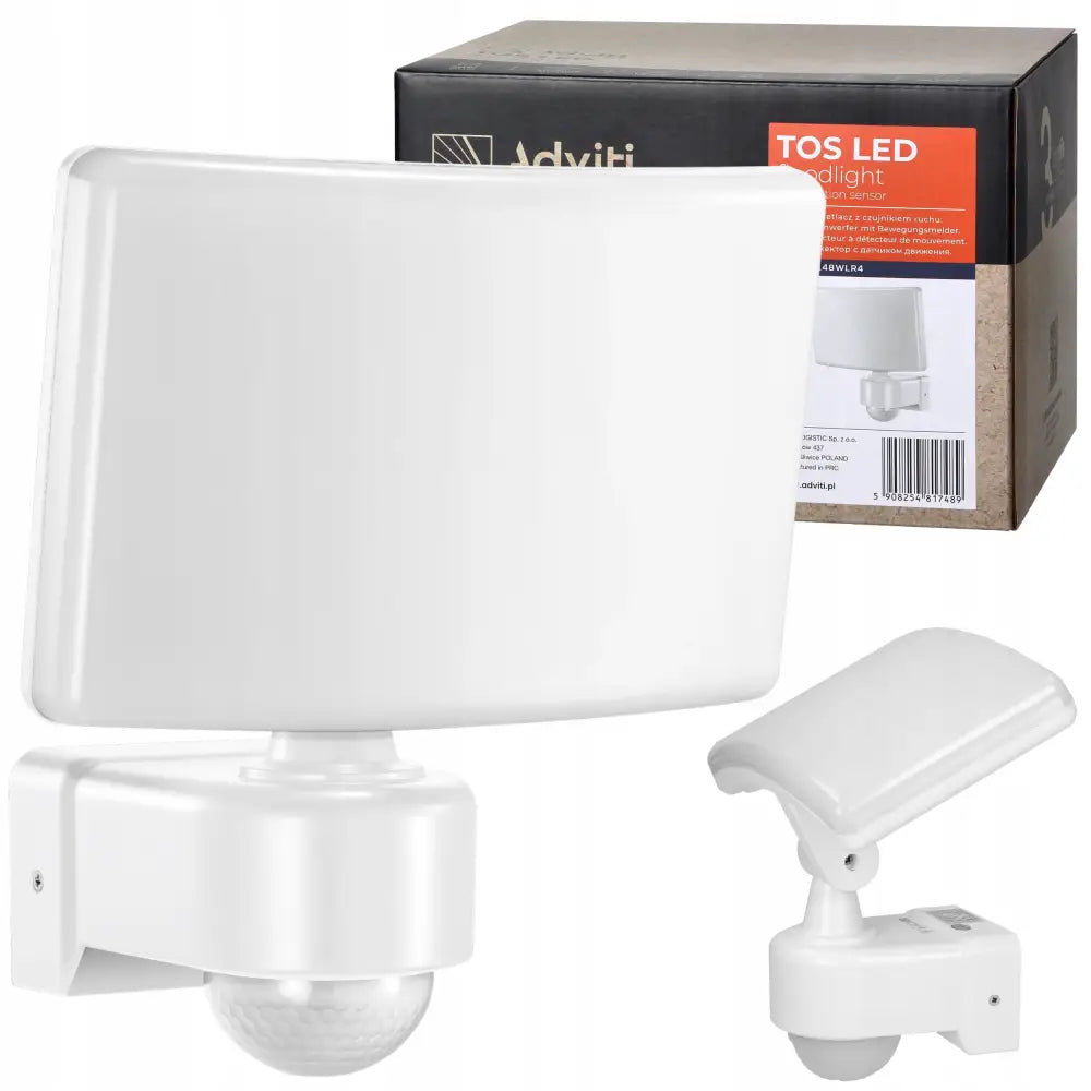 Utvendig LED-lampe 30W med justerbar sensor, hvit med avrundede kanter og matt finish, salgspakke bak.
