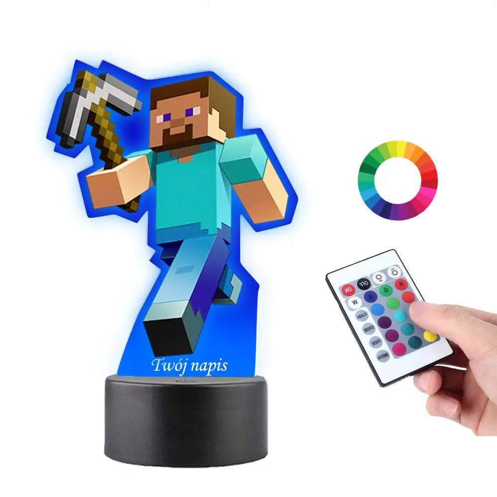 UV skrivebordslampe Minecraft Steve med spade, LED-figur på sort sokkel med blå lyseffekt og fjernkontroll.