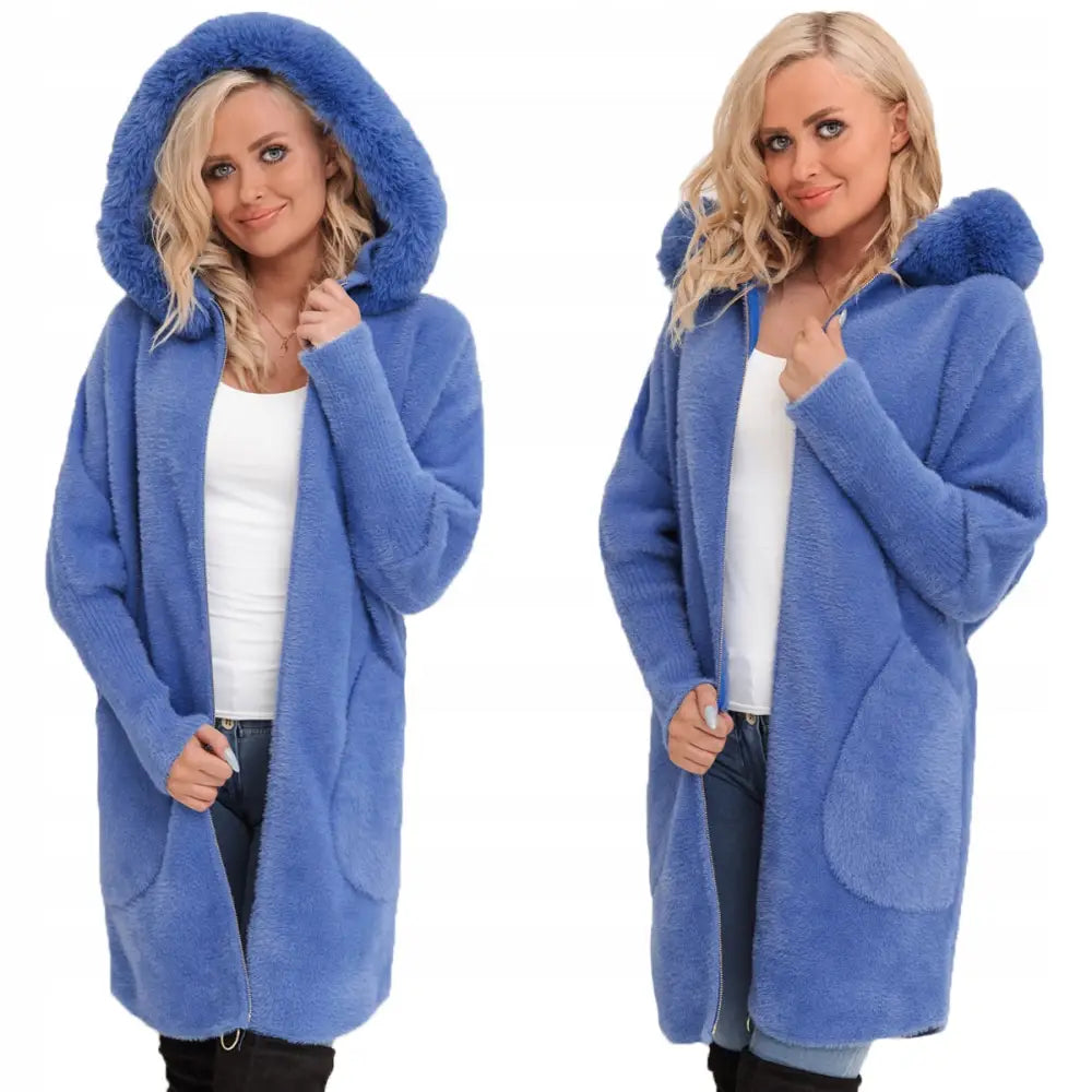 V-zip Alpakkafrakk med Fuskepels Ull Varm - Blå v