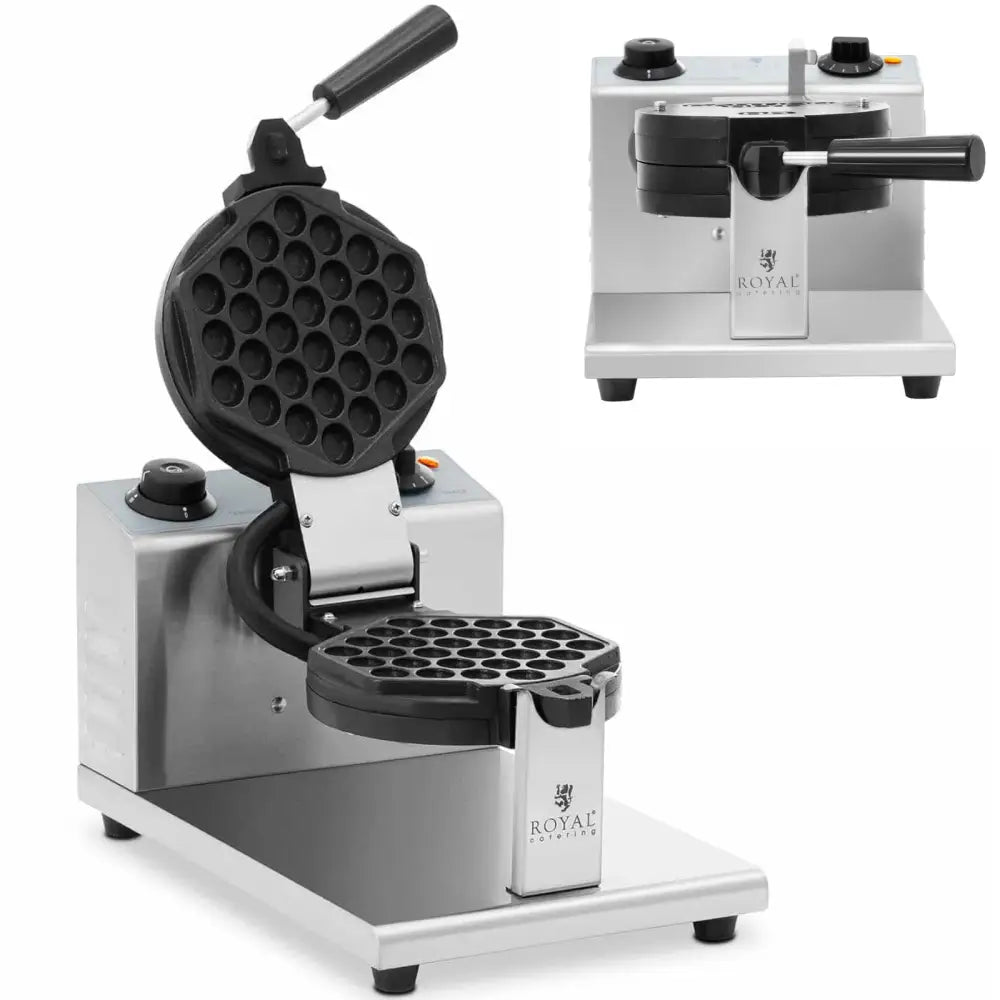 Vaffeljern boble 17 cm, åpent sett i vinkel med synlige kontrollknapper og sirkulær stekeflate med hullmønster.