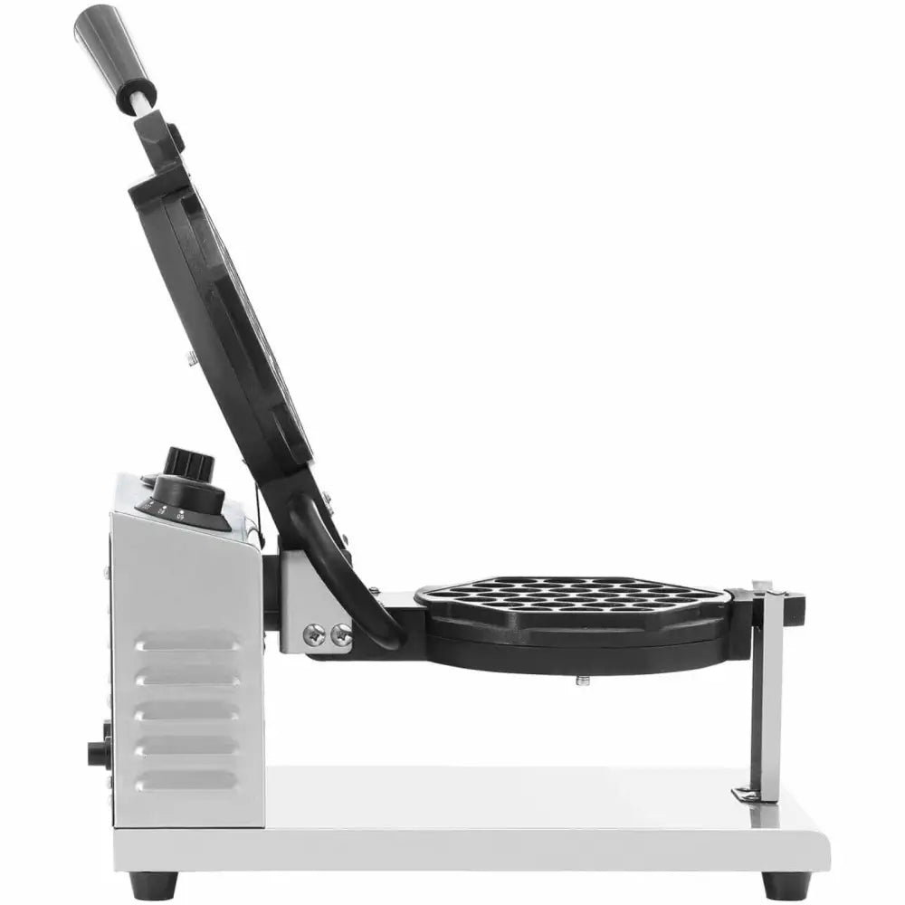 Vaffeljern boble 17 cm i sølv og svart, sidevisning med åpent lokk og non-stick stekeflate synlig.