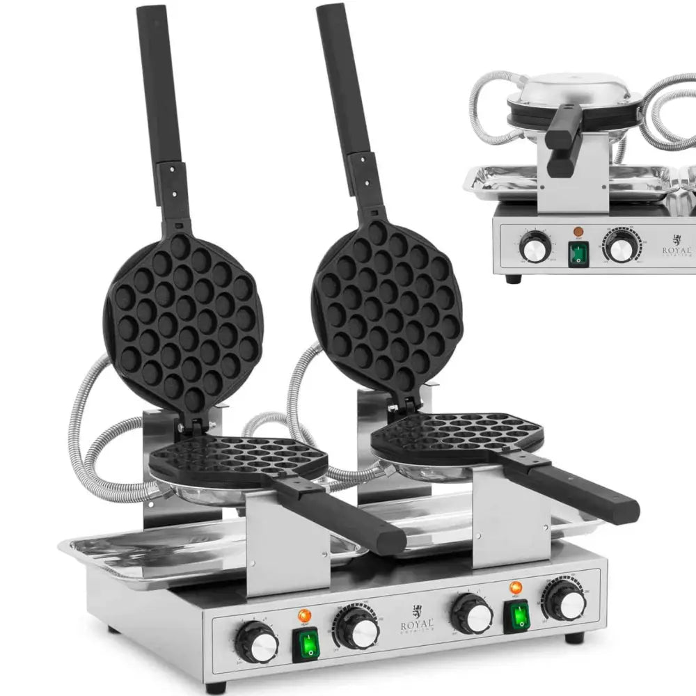 Dobbel bubble vaffeljern i rustfritt stål, åpne lokk med boblemønster og sorte håndtak, kontrollpanel foran.