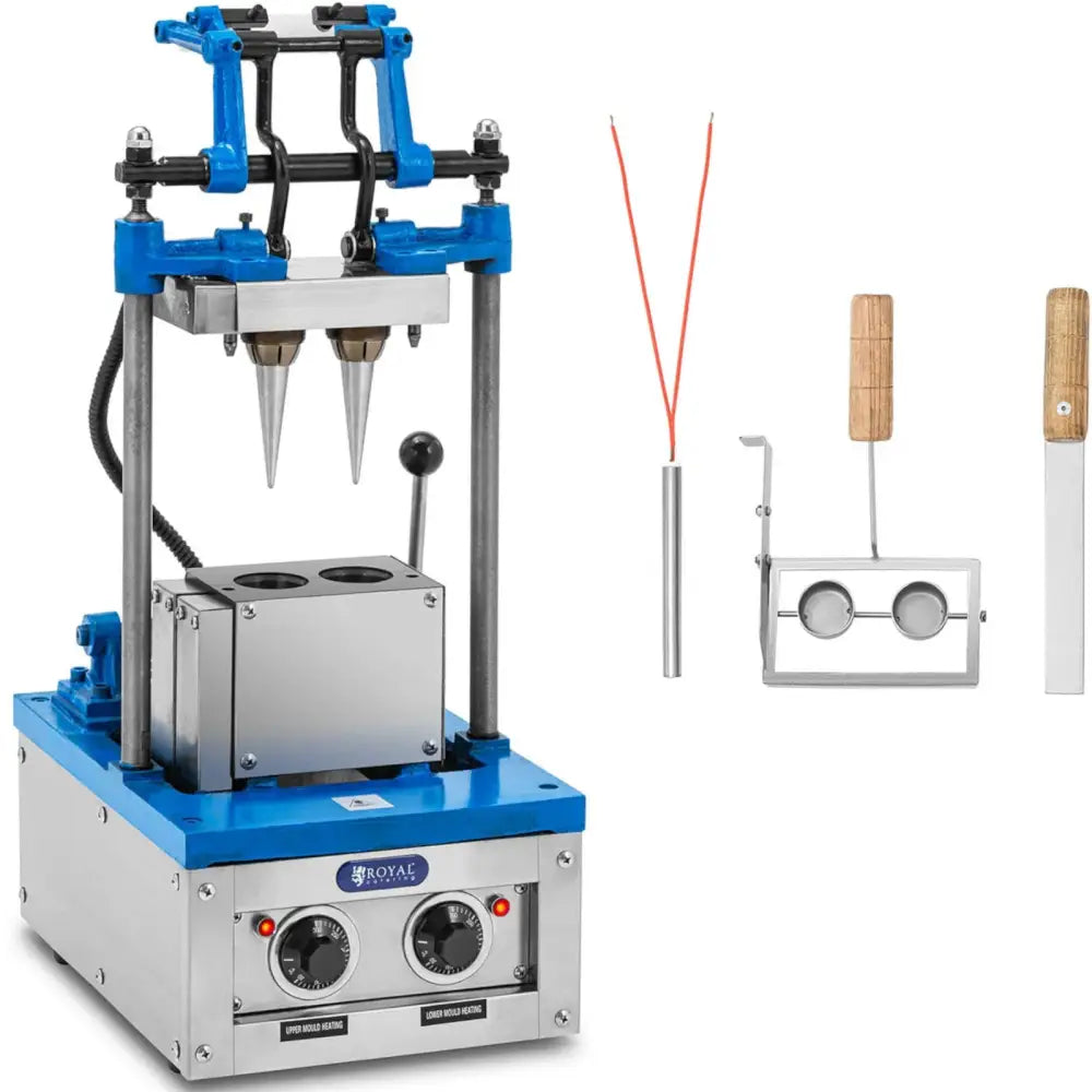 Vaffeljern for isvafler, detaljert visning av to kjegleformede dyser, justeringsspaker og tilbehør med trehåndtak.