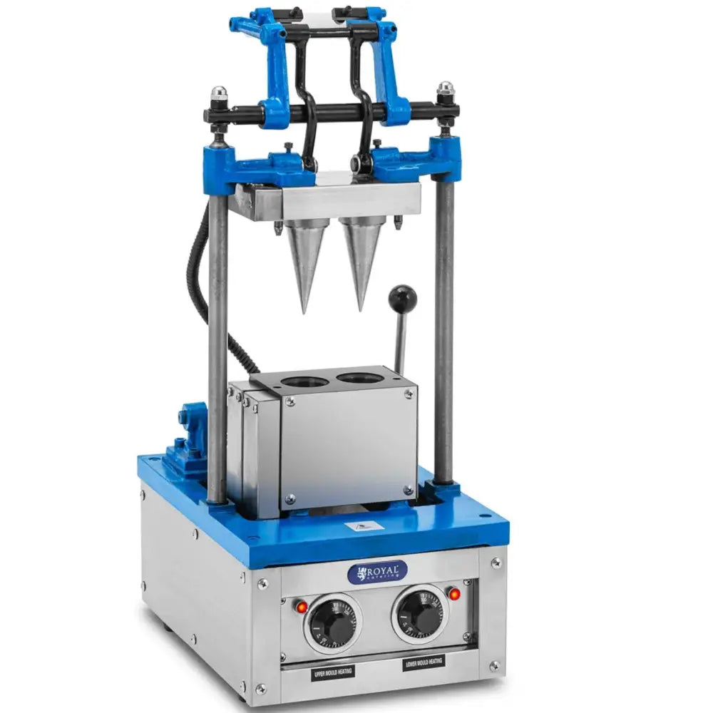 Vaffeljern for krøllvaser, skrå frontvisning med to kjegleformer og blå dreieknapper på stålkabinett.