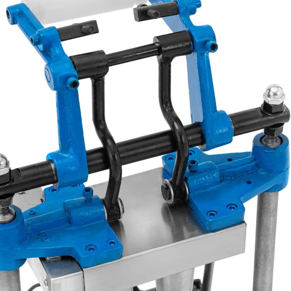 Vaffeljern for krøllvaser til iskrem, nærbilde av metalliske deler, blå håndtak og detaljerte festeanordninger.