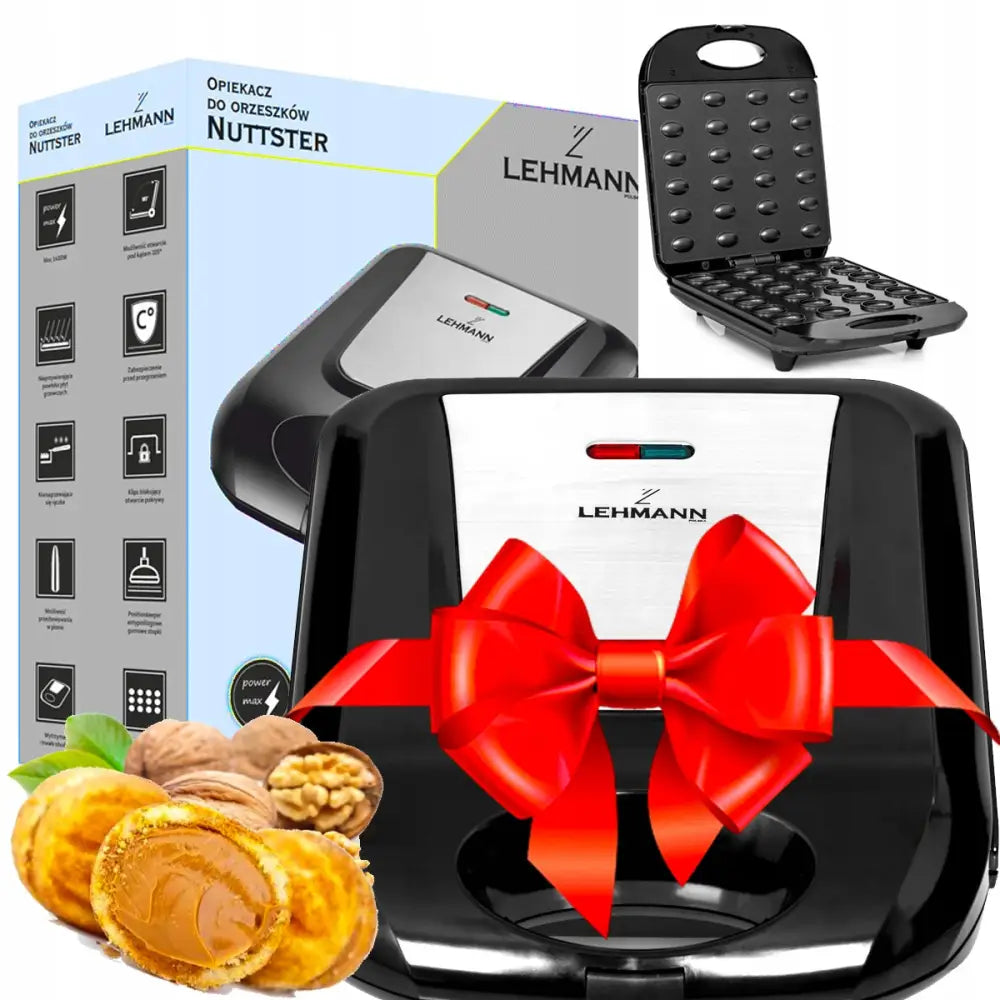 Vaffeljern for nøttekaker, åpent og lukket, med skjellformede plater, nøtter og ferdige kaker foran.
