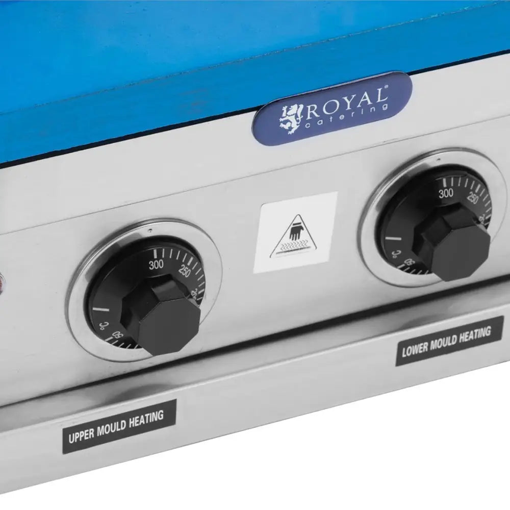 Vaffeljern Iskremkjeks Maskin, nærbilde av sorte kontrollbrytere med temperaturindikator på sølvfarget panel.