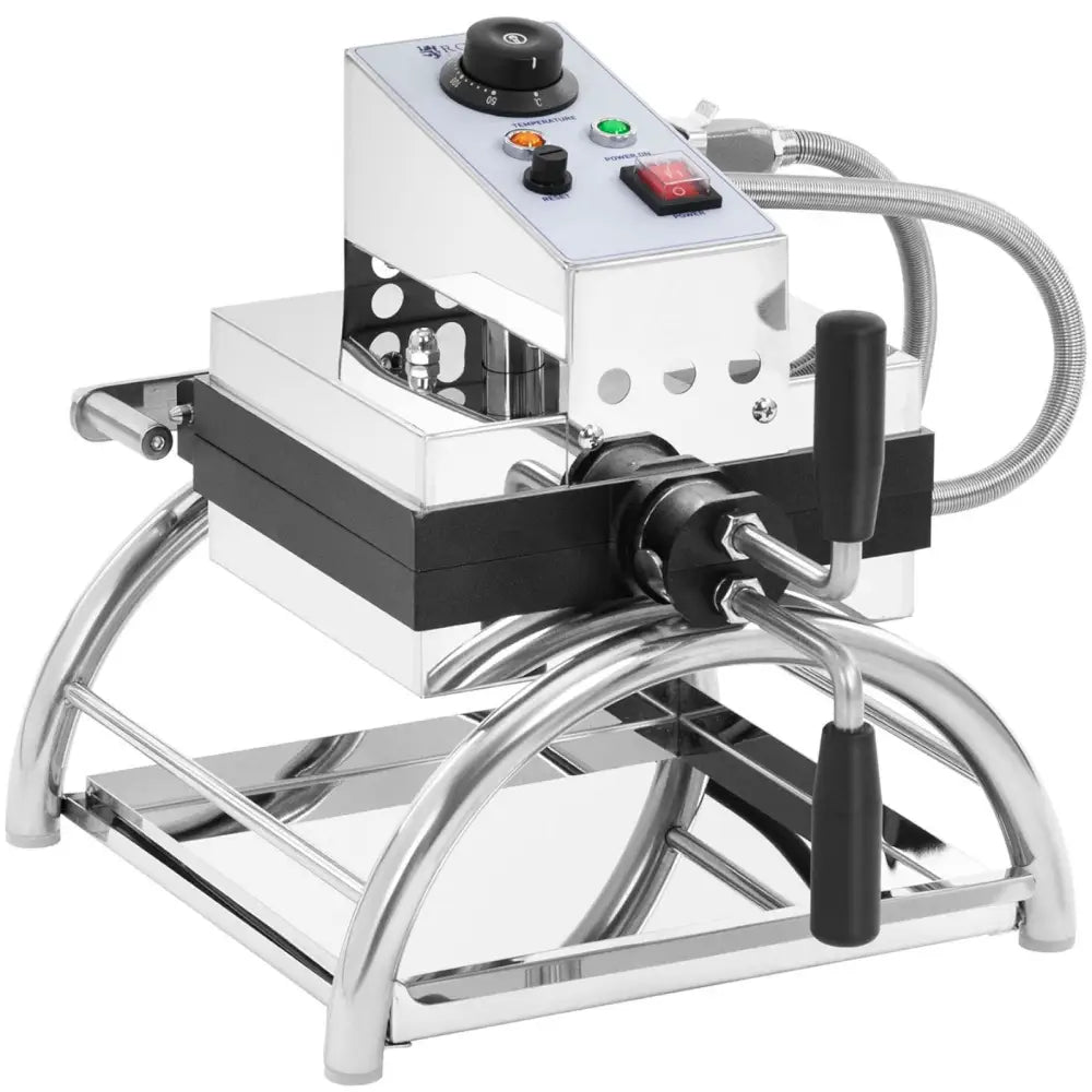 Vaffeljern for belgiske vafler, skråvisning av rustfritt stål-design med kontrollbrytere og fleksibel slange bak.