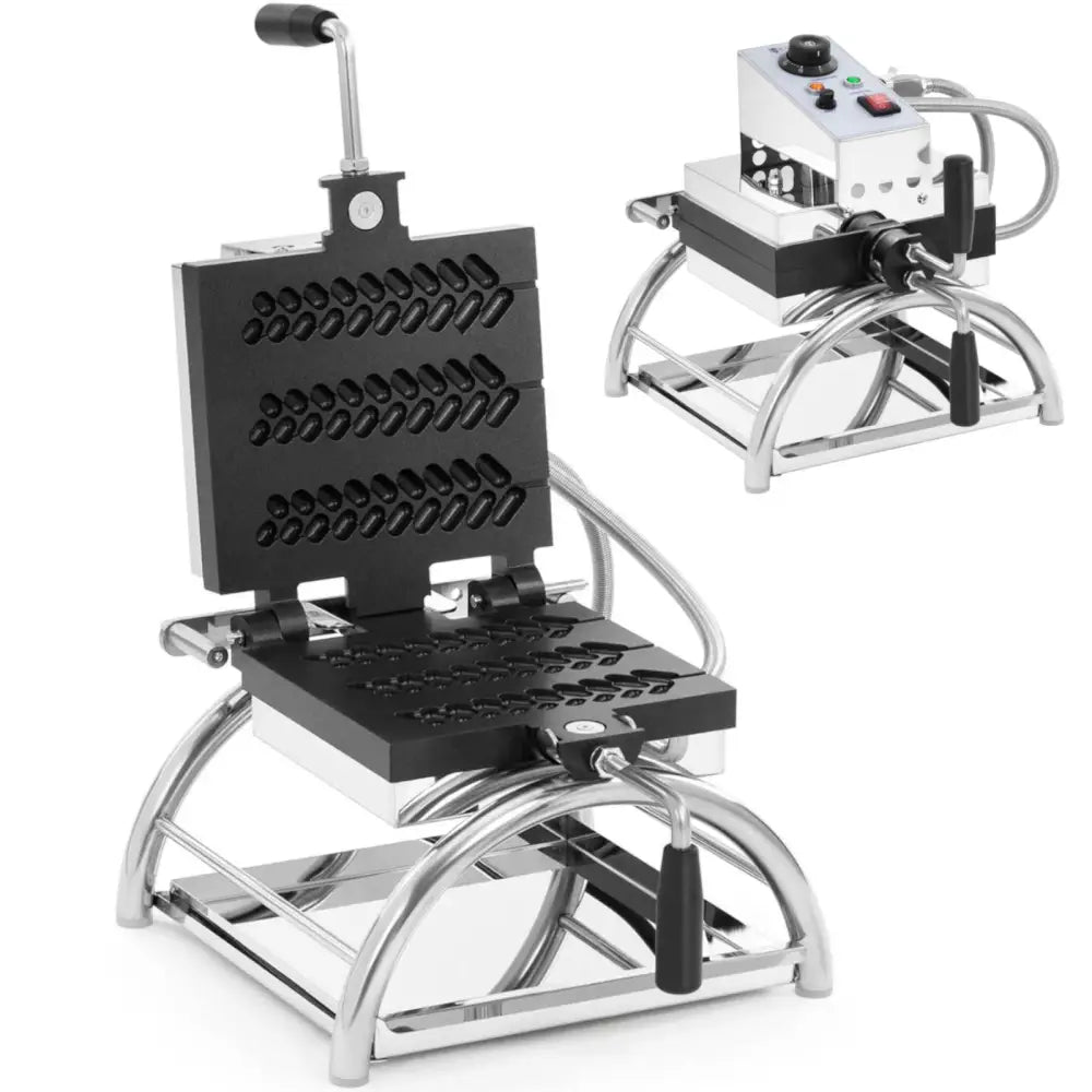 Vaffeljern med roterende sorte plater, åpent lokk viser rillemønster og solid sølvfarget stålkropp.