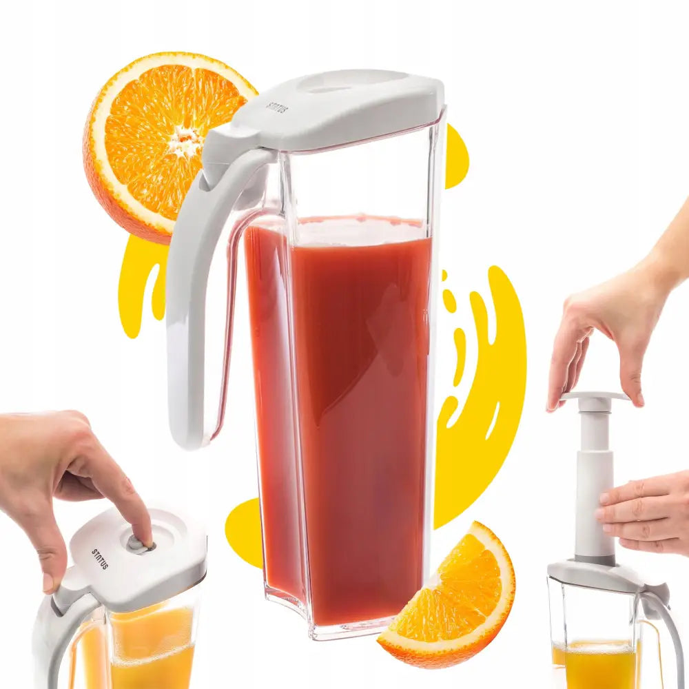 Vakuumbeholder for juice Vita-My med hvitt lokk, pumpes manuelt, appelsinskiver indikerer bruk med juice.