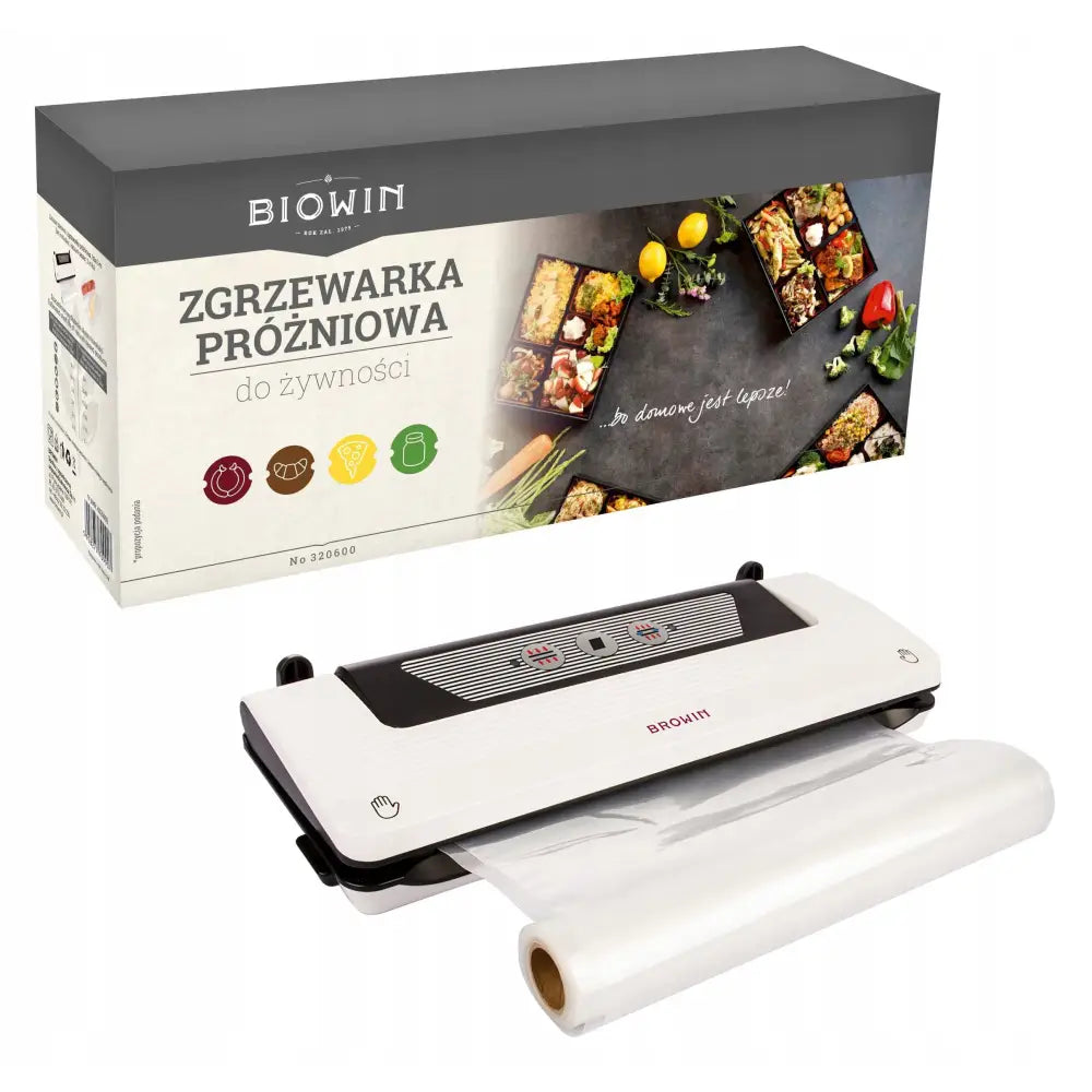 Vakuumforsegler for mat, hvit med sorte detaljer, skråvisning ved siden av emballasje med fargerike matbilder.