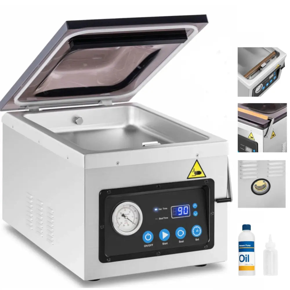 Vakuumkammermatemaskin i rustfritt stål med åpent lokk, digitalt panel og tilbehør inkludert oljeflaske.