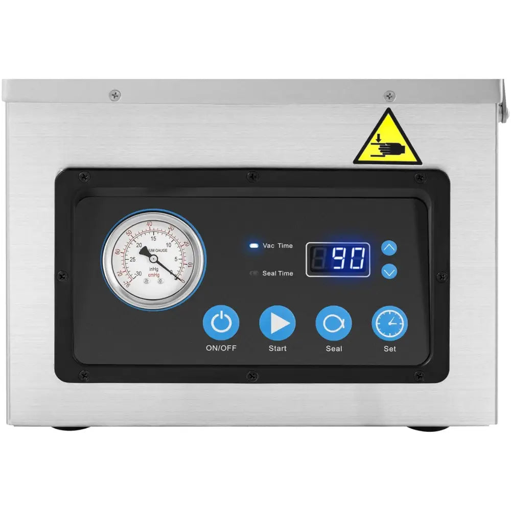 Vakuumkammermatemaskin, frontbilde av kontrollpanel med trykkmåler, digitale tall og blå knapper.