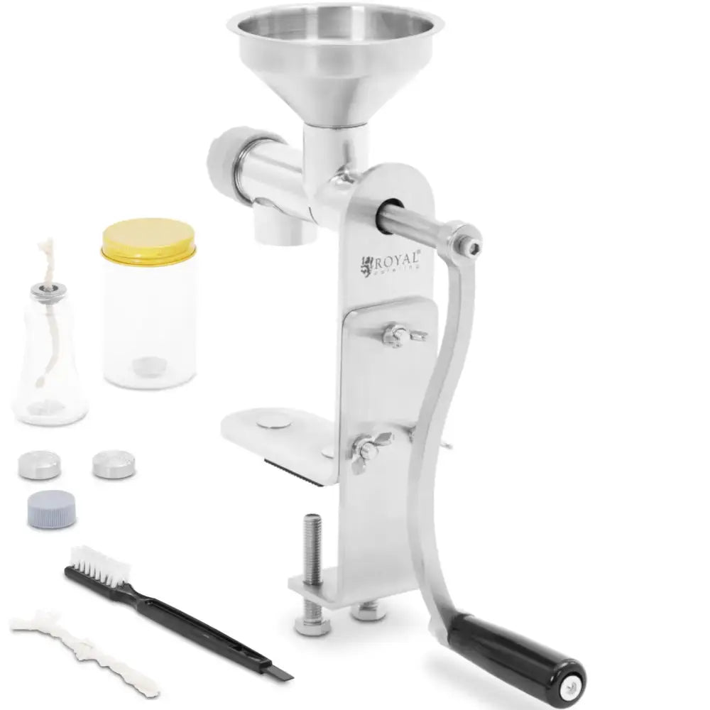 Valsepresse for manuell oljeutvinning i rustfritt stål, sidevisning med sveiv, trakt og tilbehør foran.