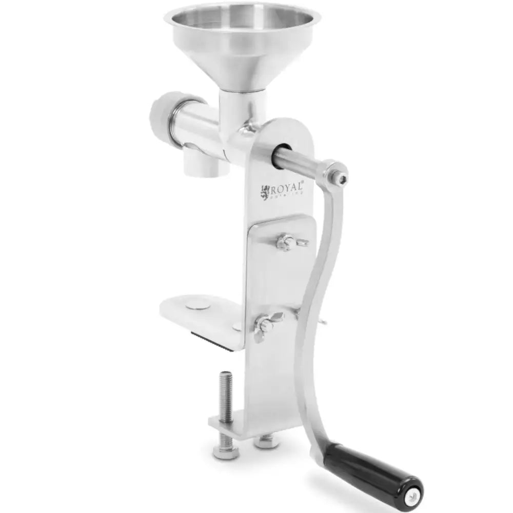 Valsepresse for manuell oljeutvinning, skråvisning med trakt, sort håndtak og robust bordfeste.