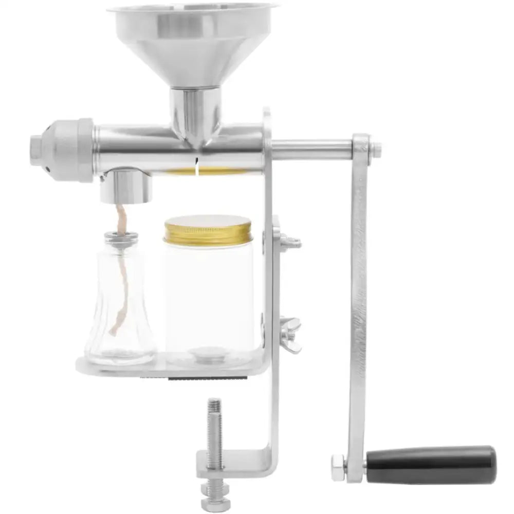 Valsepresse for oljeutvinning, sidevisning med sveiv, trakt og to separate glassbeholdere under pressen.