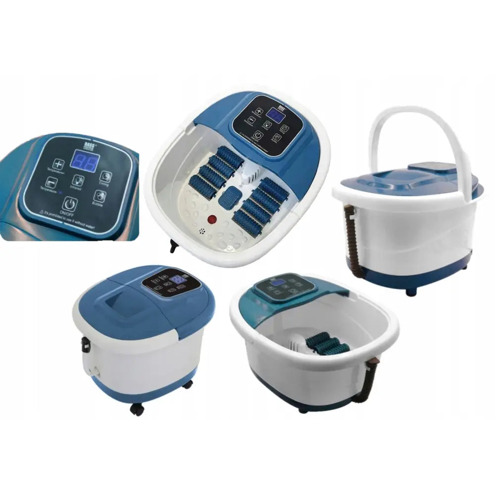Vannbasert fotmassasje Spa Lux, hvitt og blått elektrisk fotbad med digitalt panel og massasjeruller.