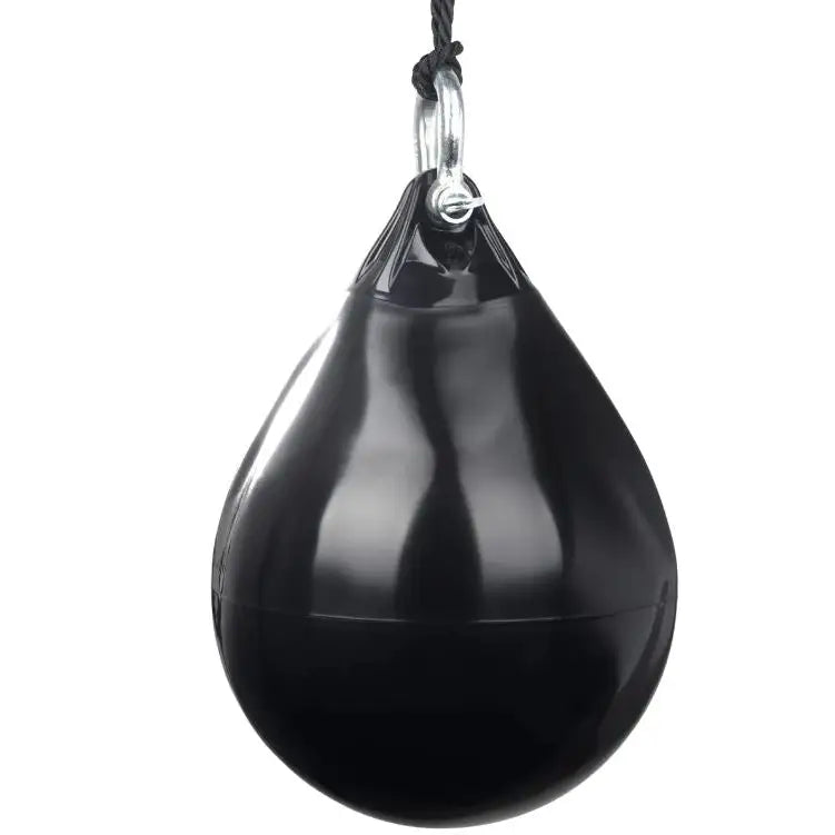 Vannfylt boksesekk Aqua Bag S, nærbilde av blank sort dråpeform med metallfeste og sort tau øverst.