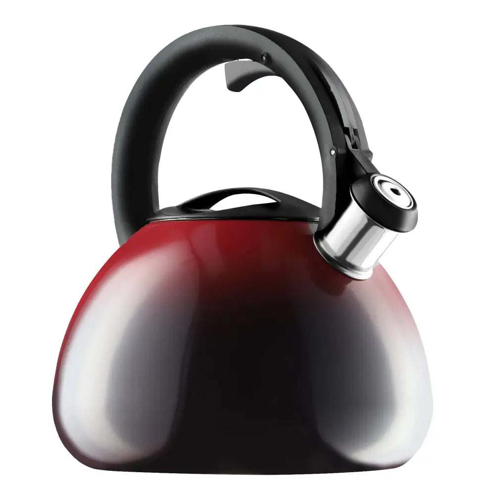 Vannkoker med fløyte, rød og svart i stål, sidevisning som fremhever sort håndtak og lokk mot hvit bakgrunn.