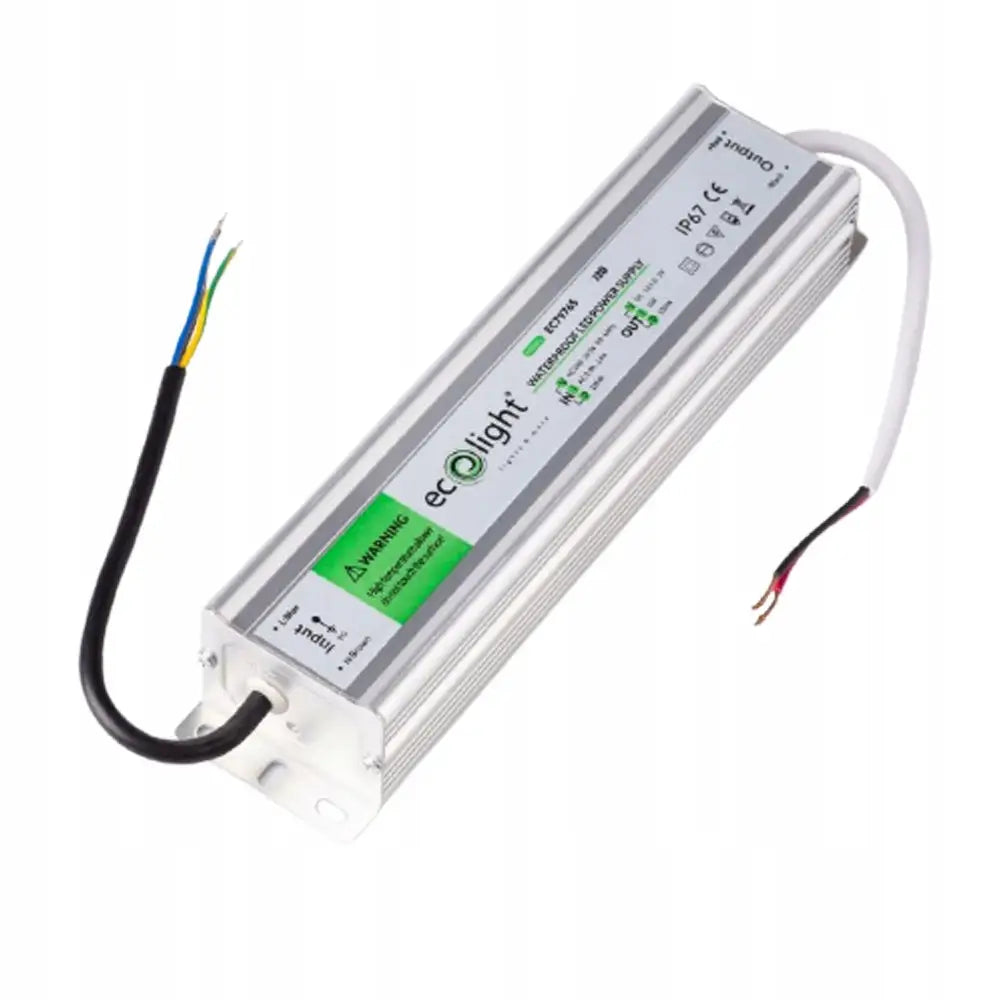 Vanntett LED-strømforsyning 120W 12V i sølvfarget aluminium med synlige ledninger og tydelig merking på toppen.