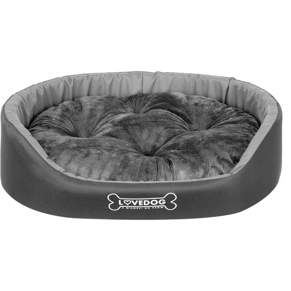 Vanntett seng for hund og katt Lovedog XL, mørkegrå plysj med høy kant og synlig logo foran.
