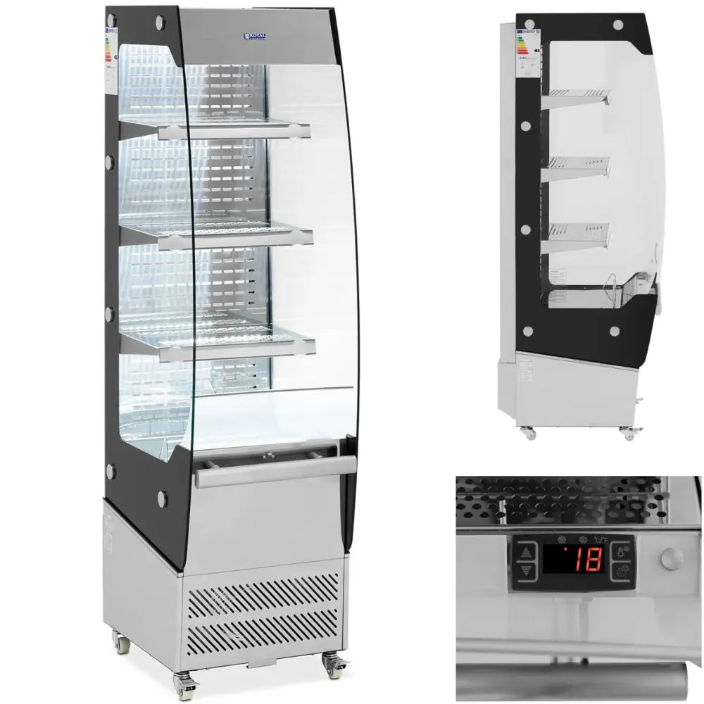 Varekjøler med glassfront, tre hyller og LED-belysning, sett fra flere vinkler med fokus på digitalt display.