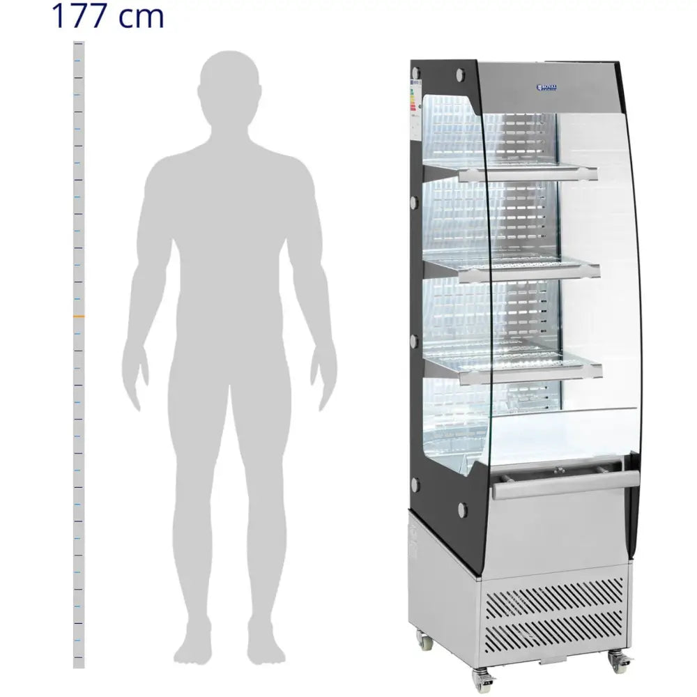 Varekjøler med glassfront, tre justerbare hyller, LED-belysning, vist i profil med høydeangivelse.