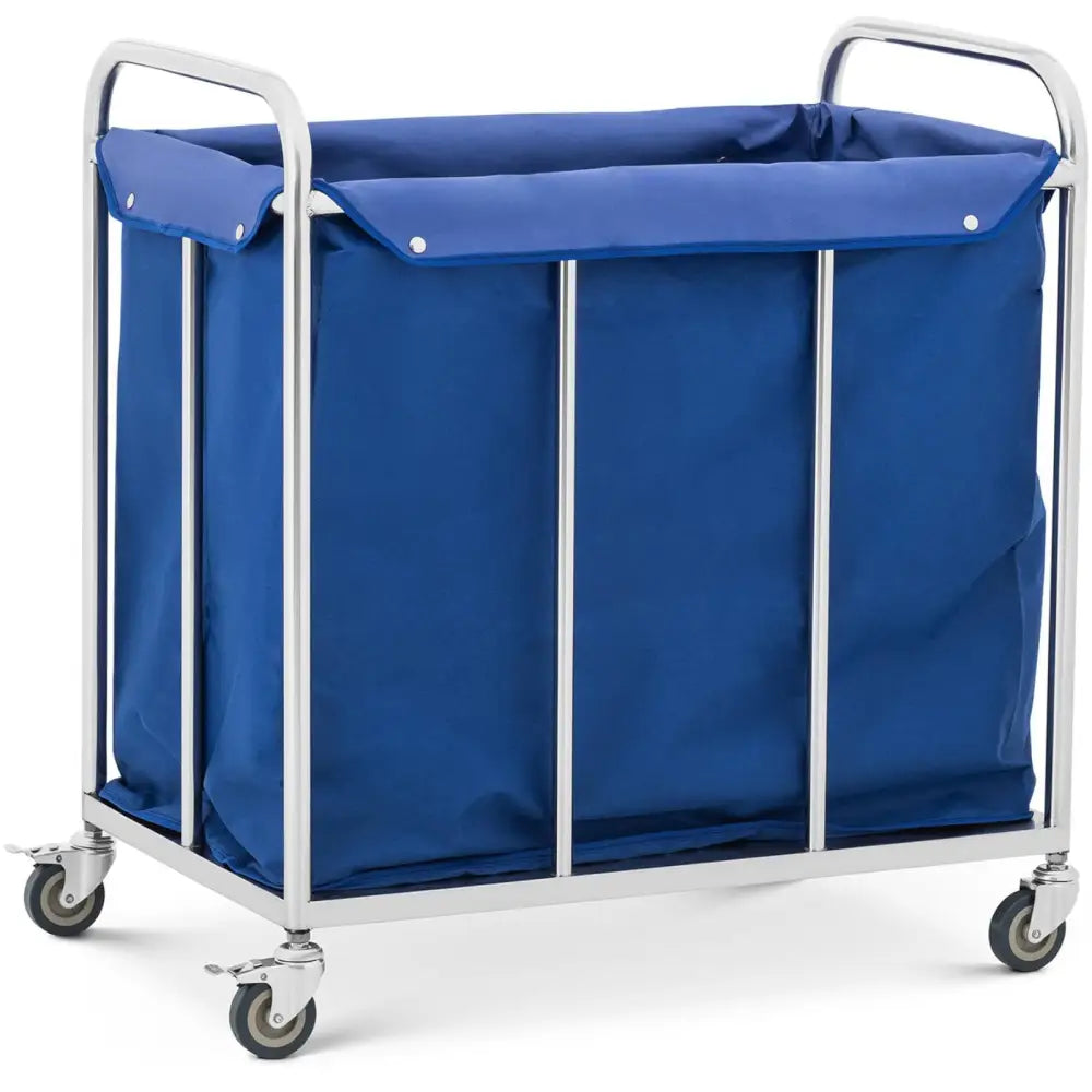 Varevogn kurv container 50L, metallramme og blå tekstilpose, fire hjul og doble håndtak, frontvinkel.