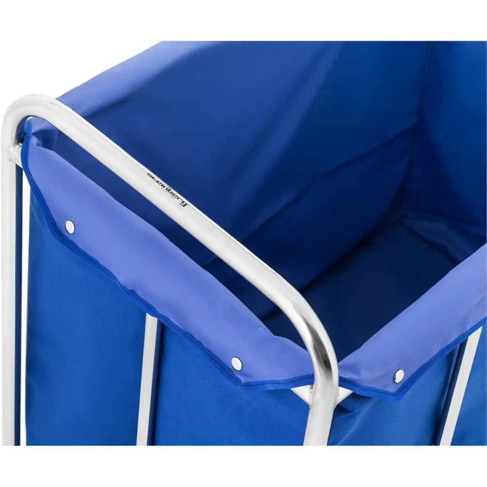 Varevogn kurv container 50L, toppvisning av blå canvas-beholder med forsterkede hjørner og trykknapper.