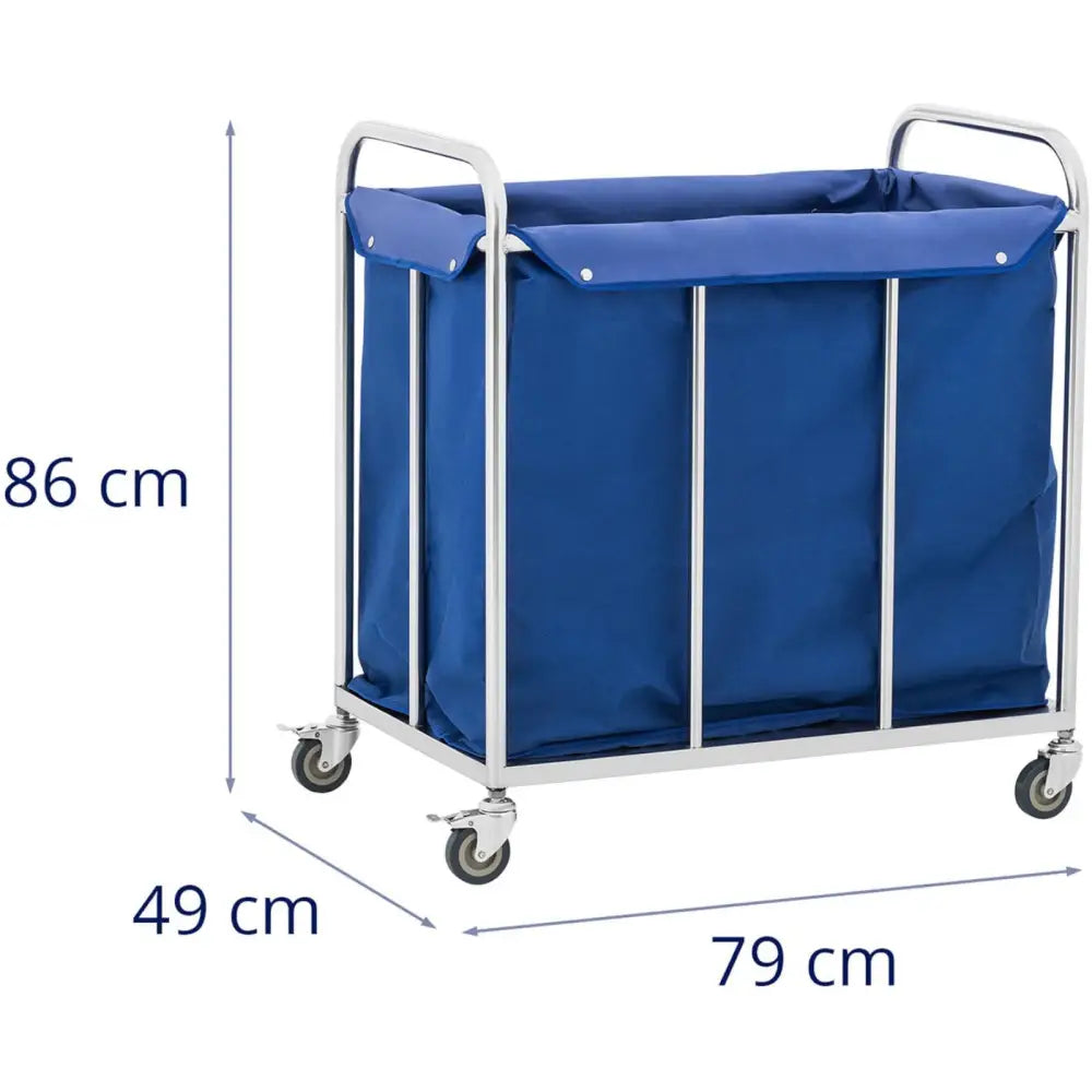 Varevogn kurv container for hotell, blå tralle med stoffpose og metallramme, sett fra siden med fire hjul.