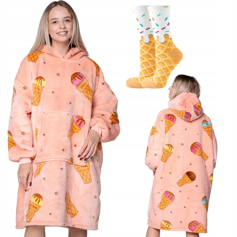 Varm 2-i-1 Oversized Pledd Hettegenser Tykk Xxl Pleddgenser + Sokker