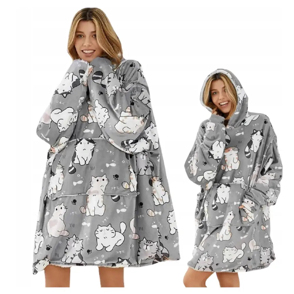 Varm Hettegenser-pledd i Overstørrelse 2-i-1 Tykk Xxl med Kattetrykk Teddy-fleece Pleddgenser