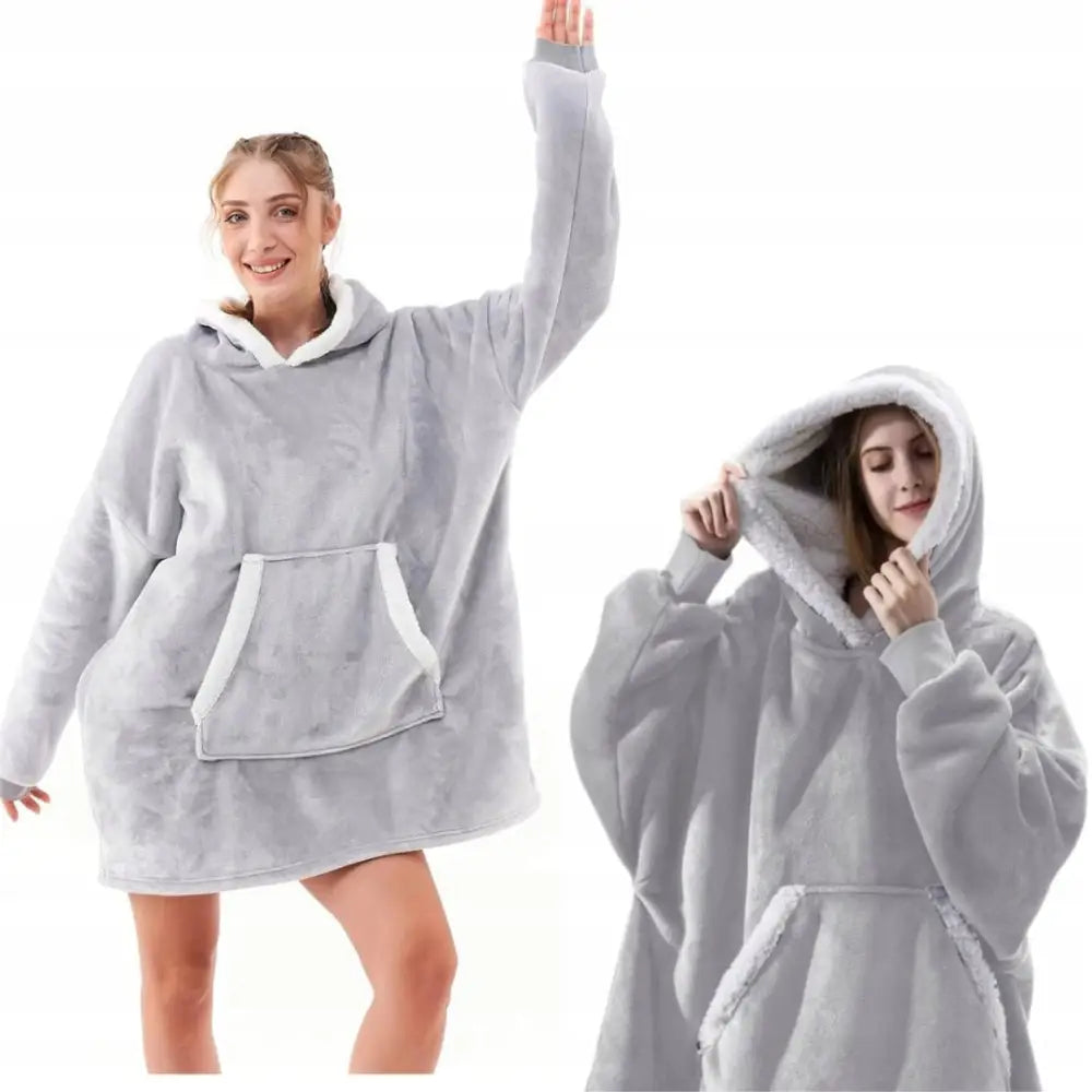 Varm Hettegenser Teppe Oversize 2-i-1 Tykk Xxl Grå Fuskepels Teppehettegenser