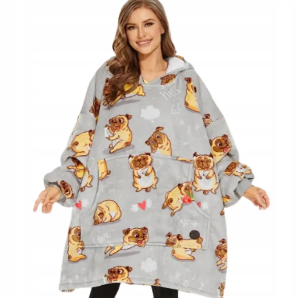 Varm Hettegenser-teppe Oversize 2-i-1 Tykk Xxl med Hundetrykk Teppe-hettegenser