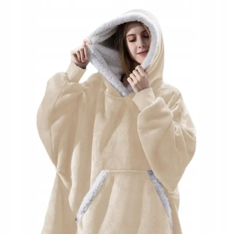 Varm Hettegenser Teppe Oversize Teppejakke 2-i-1 Tykk Xxl Beige Teddy Teppejakke
