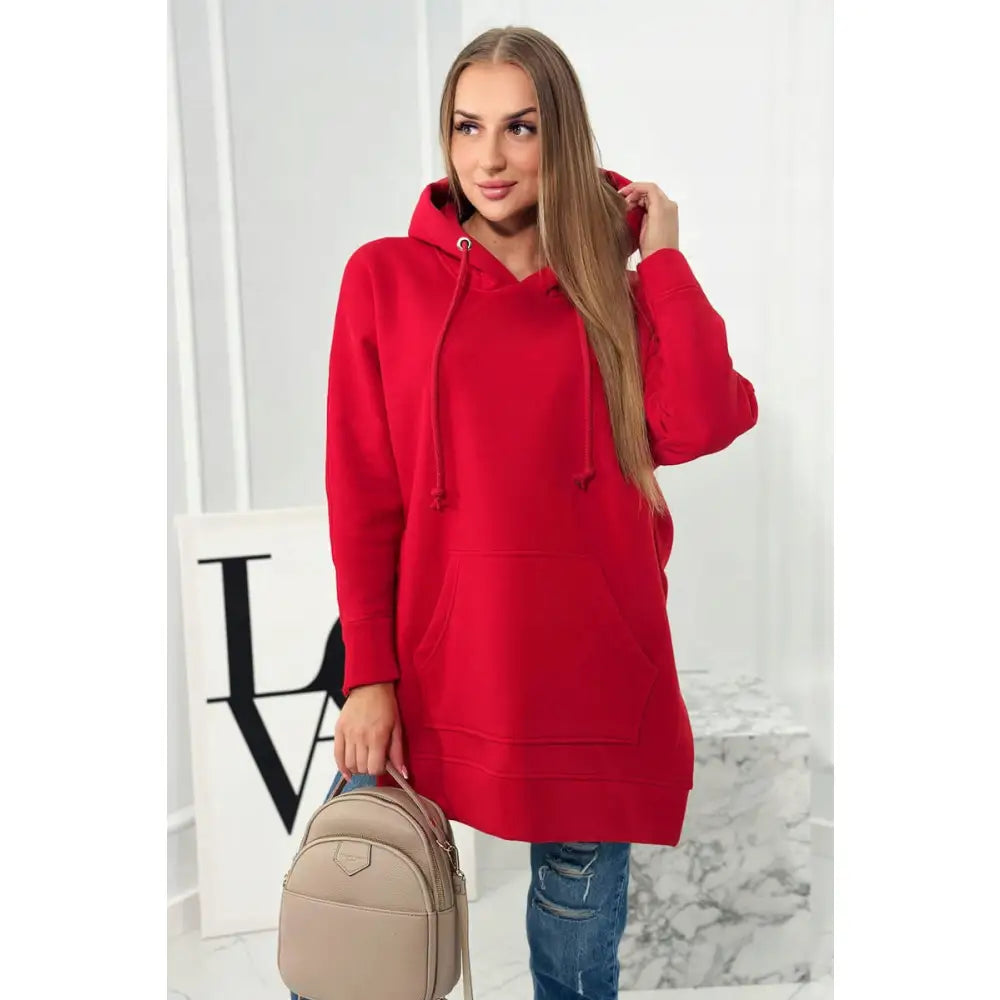 Varm Rød Genser med Sidesplitter og Kengurulomme