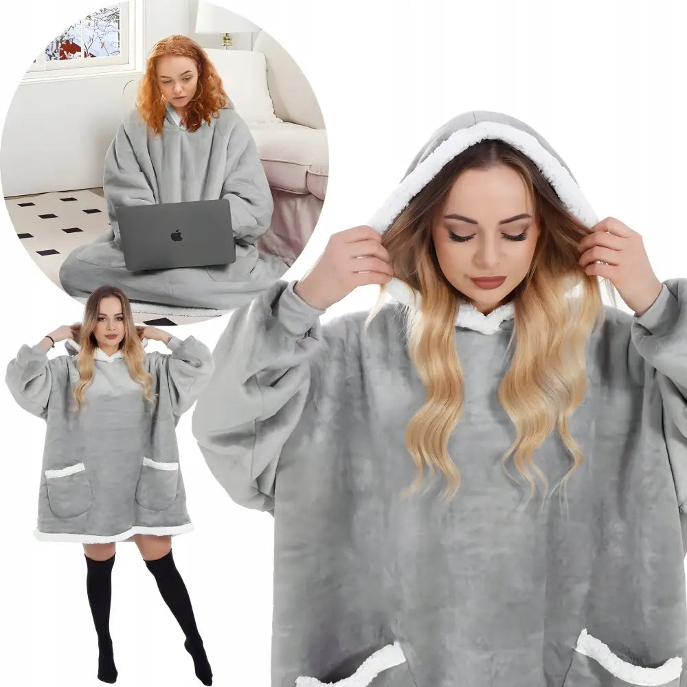 Varm Teppe-hettegenser Oversize Lang 2-i-1 Tykk Xxl Pelsaktig Teppe-hoodie
