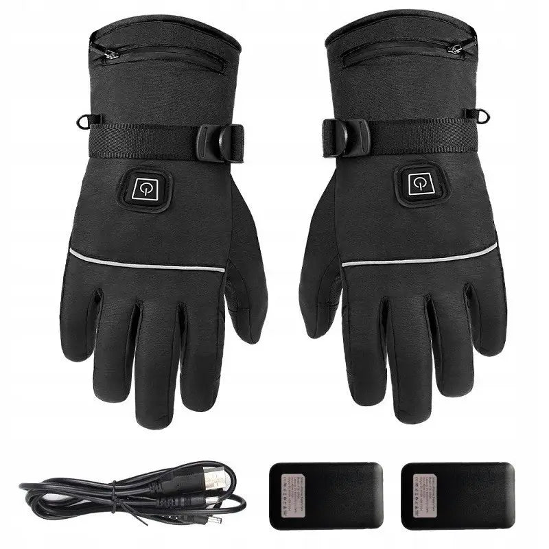 Varme svarte hansker med refleks, glidelåslomme, justerbar stropp og USB-batterier synlig i forgrunnen.