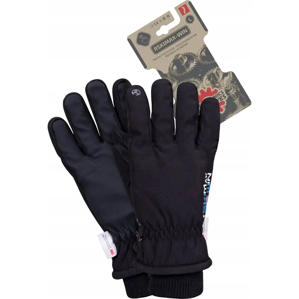 Varme, vanntette hansker i sort tekstil, vist fra begge sider med elastisk mansjett og synlig pakning.