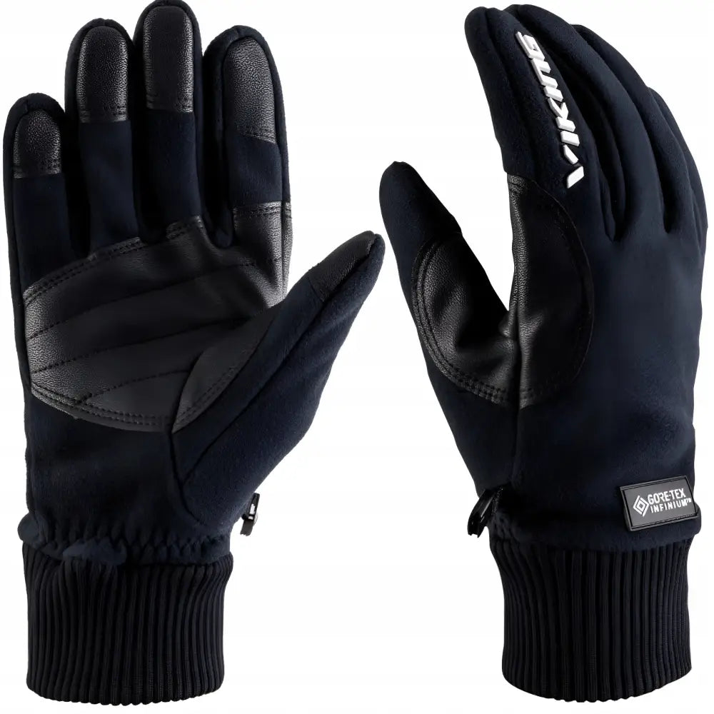 Varme Viking Solano GWS hansker, svart fleece med skinnforsterkede håndflater, strikkede mansjetter og hvit logo.