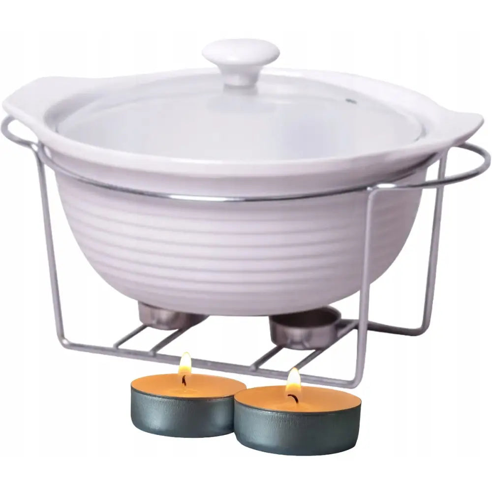 Varmebestandig form 24L med lokk, keramikkbolle i metallstativ med telys for jevn serveringsvarme.