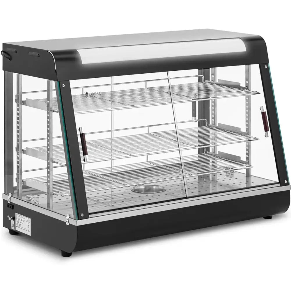 Varmefremvisningsskap med tre metallhyller, perforert bunn og doble glassdører med håndtak, sett skrått forfra.