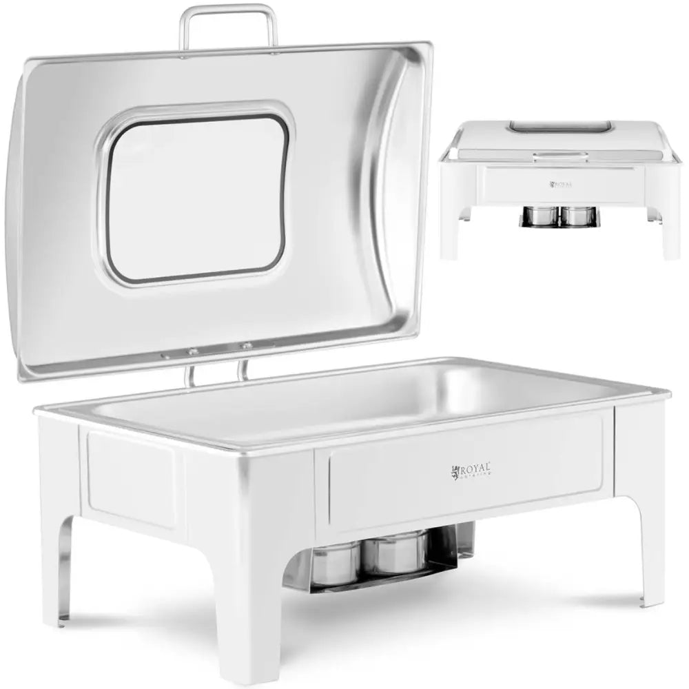 Varmematbeholder med pastapumpe, skrå frontvisning med åpent vinduslokk og synlige varmeelementer.